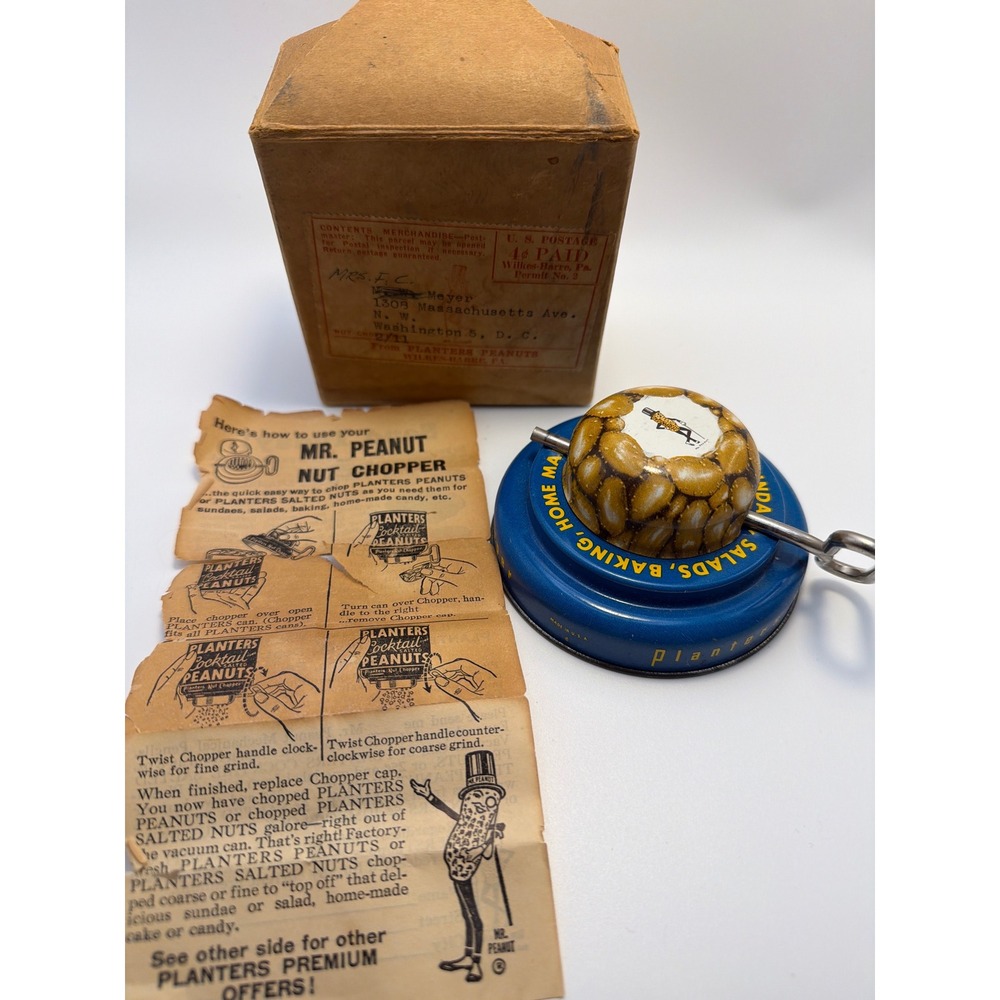 Vintage Planters Mr Peanut Nut Chopper Blue Tin with Original Box & Instructions